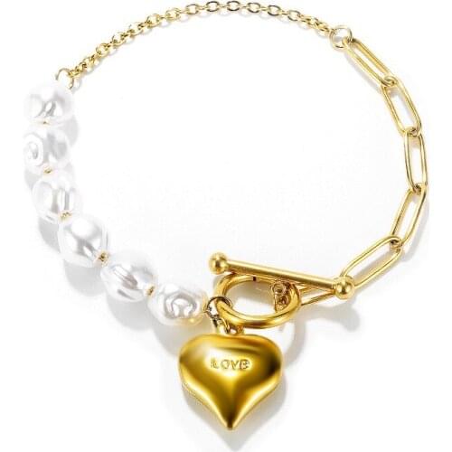 New Fashion Heart-shaped Artificial Pearl Bracelets Stainless Steel Jewelry For Woman Gift Not Fade Wholesale