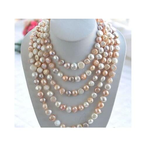 Rare Long 80" 10-12mm AAA white pink Purple baroque freshwater pearl necklace>Selling jewerly free shipping