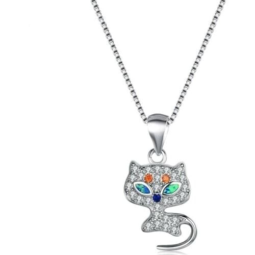 Cute Cat Design Pendant Necklace Fashion Blue Imitation Fire Opal Zircon Necklace Women Accessories Jewelry Girl Gift