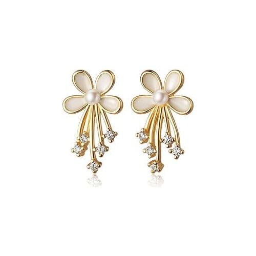 REAL. 925 Sterling Silver Piercing White Enamel Floral CZ ear Stud Earrings Tassel C-G8365