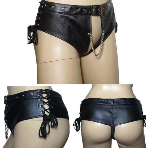 Sexy Women Faux Leather Crotchless Body Restraint Shorts Side Lace Up Open Crotch Harness Underwear Fetish Costume Plus Size
