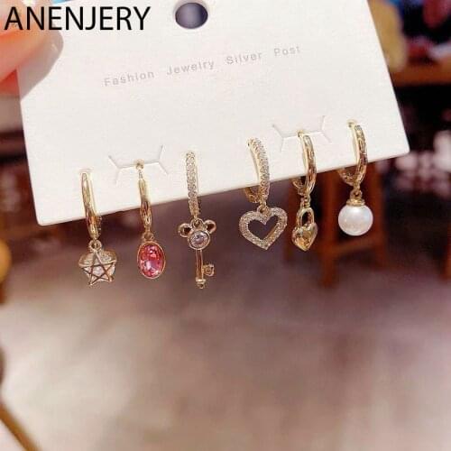 ANENJERY 6 pieces/set Key Lock Earrings Set S925 Silver Color Stamp Micro-inlaid Zircon Heart Earrings Korean Daily Jewelry