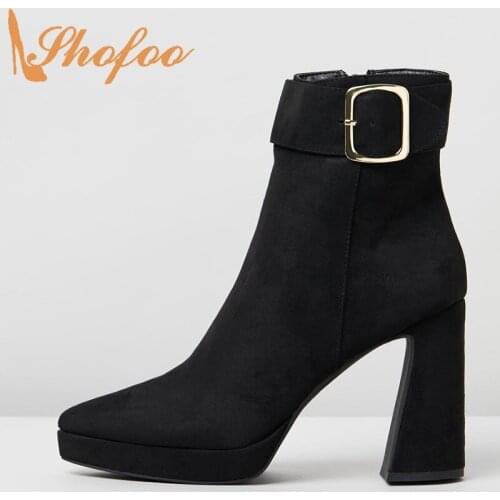 Shofoo Black Platform High Wedges Short Boots Pointed Toe Shoes Womens Zipper Large Size 13 15 Ladies Winter Ankle Booties Sexy