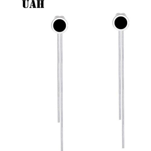 UAH Fashion Jewelry Stainless Steel Round Disc with Tassel Earring Silver Black Color Gift For Women Exaggeration