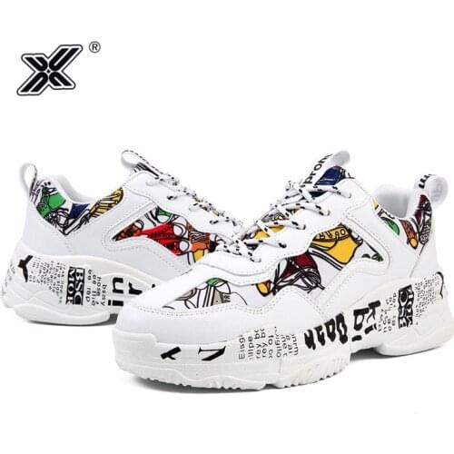 X Brand Hot Sell White Colorful Graffiti Printed Chunky Men Shoes Canvas Trainers Casual Breathable Platform Canvas Men Sneakers