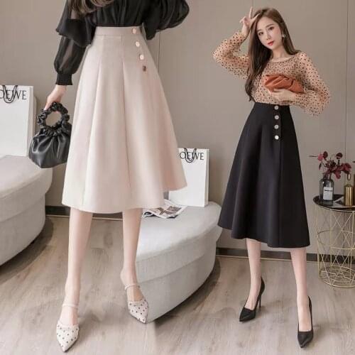 New Spring Fashion A-Line Swing Skirt Elegant Midi Skirt With Rivet Decor Korean Style Womens High-Waisted Skirts Ropa Mujer