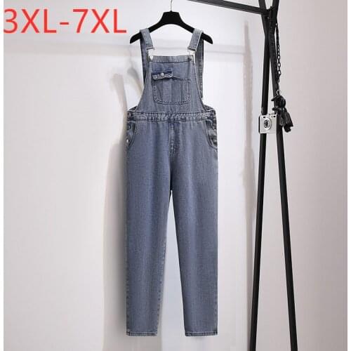 New 2021 Ladies Autumn Winter Plus Size Long Rompers Jeans For Women Large Cotton Blue Pocket Denim Jumpsuit 3XL 4XL 5XL 6XL 7XL