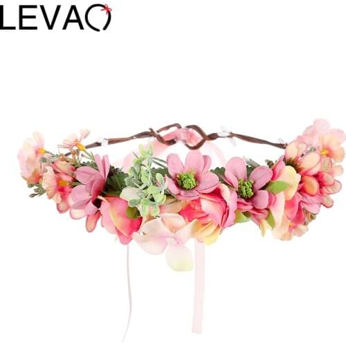 LEVAO Garland Girls Hair Band Women Corolla Wreath Headband Lady Fowers Hairband Ribbon Female Wedding Bride Hair Accessories