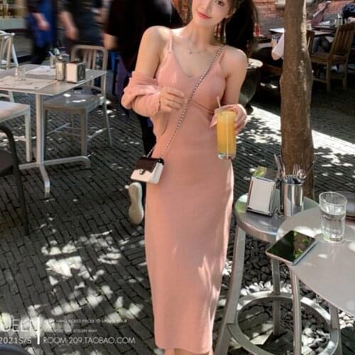 ZAWFL Autumn Knitted Two Piece Set Women Crop Top Sweater Cardigan + Sexy Spaghetti Strap Long Dress Suits Sweet 2 Piece Set