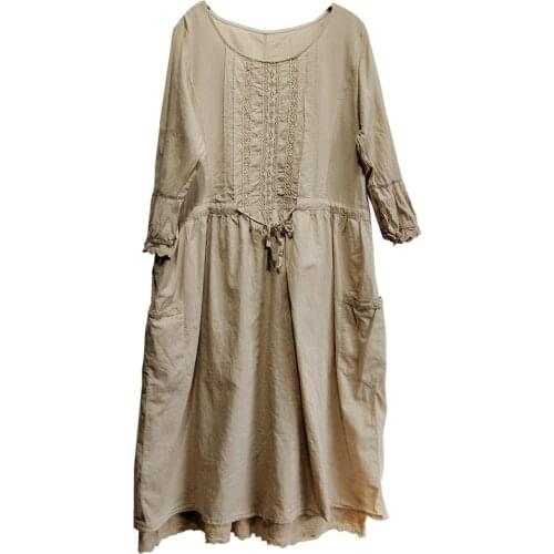 Johnature Women Japan Style Dresses Patchwork Lace Vintage O-Neck Long Sleeve Female Clothing 2021 New Spring Belt Casual Dress