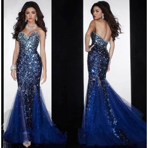 Vestidos New Prom Dresses Mermaid Sweetheart Open Back Crystals Beaded Sequined Prom Gown Navy Blue Evening Dresses Custom Made