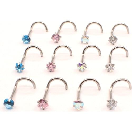 12pcs Nose Studs Set Round Star Heart Cubic Zirconia Screw Tragus Ring Ear Surgical Steel Nose Piercing 20G 4 Fashion COLOR
