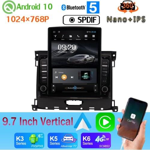4G WiFi 9.7" Vertical Style Car Media GPS CarPlay Android 10 360 Camera Radio For Ford Ranger Everest Raptor 2016-2019 PX6 4+64G