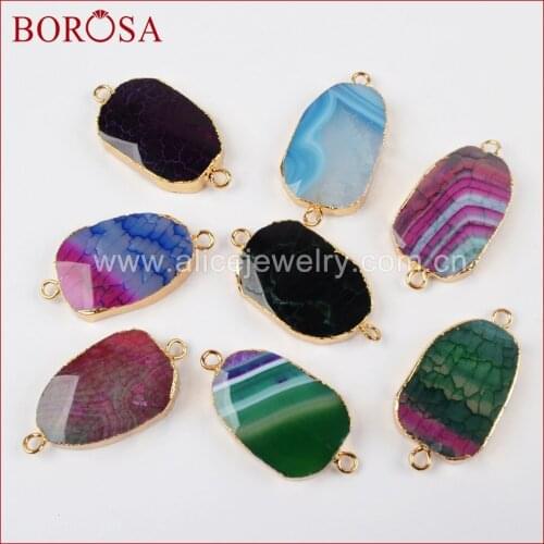 BOROSA Gold Color Polished Freeform Rainbow Onyx Fire Stone Druzy Drusy Slice Connector for Bracelet,Jewelry Making G1400