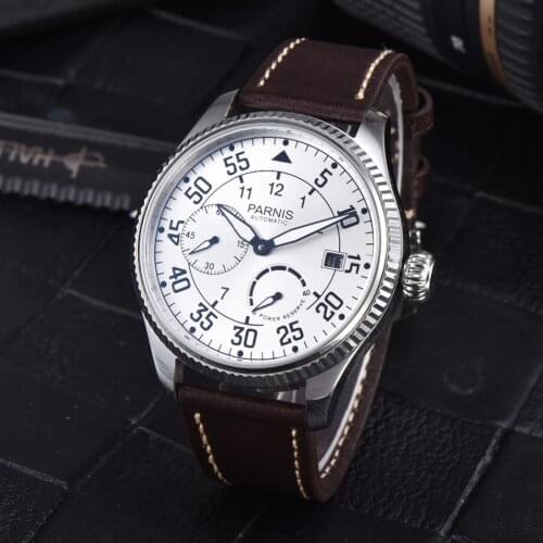 Parnis 45mm Dial Automatic Mechanical Mens Watch Leather Strap Luxury Brand Waterproof Men Wrist Watches Power Reserve Clock
