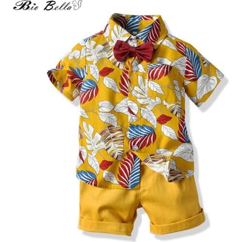 Kids Boutique Clothing Fashion Baby Boy Clothes Summer Set Gentleman Print Floral Bow Tie Shirt+Shorts Suits Kids Suit