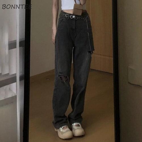 Jeans Womens Summer Retro Ins Students All-match Chic High Waist Ulzzang Fashion Soft Simple Streetwear Loose Hole New Clothing