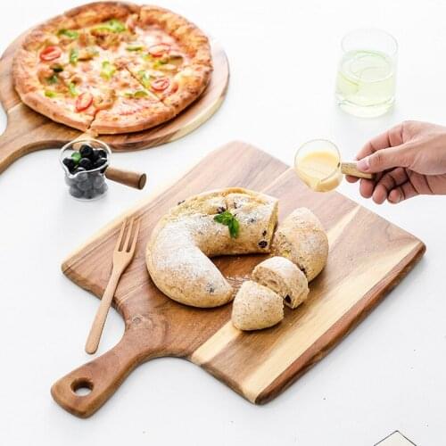European Acacia Wood Pizza Cake Tray with Handle Hotel Restaurant Western Steak Tableware Household Solid Wood Bread Fruit Tray