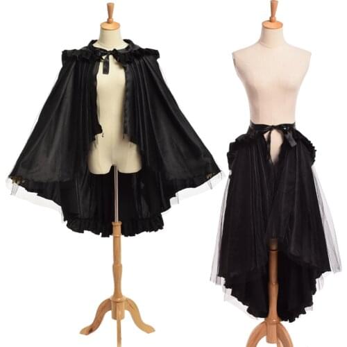 Women Steampunk Ruffle Bustle Skirt Retro Victorian Black Gothic Cape