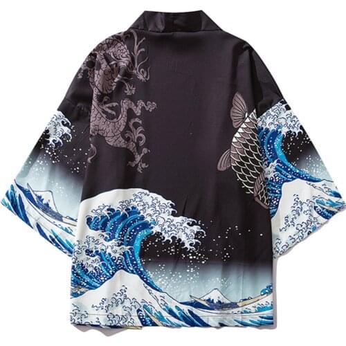 Black Kimono Cardigan Women Men Japanese Obi Male Yukata Mens Haori Japanese Wave Carp Print Coat Traditional Japan Clothing