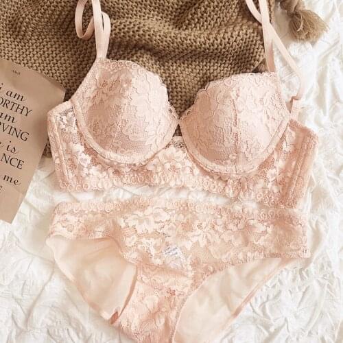 Lace thin cup beauty back bra briefs set big breasts push up underwire women lingerie underwear suit