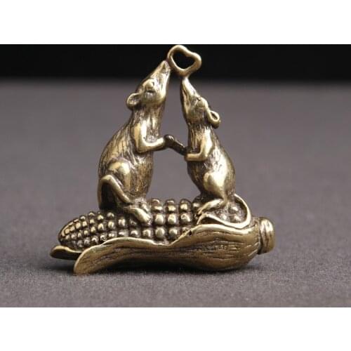 Copper Wealth Rats Figurines Feng Shui Ornament Retro Brass Animal Mice Corn Keychain Pendant Home Decor Office Desk Decorations