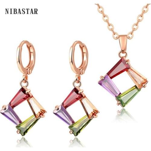 Fashion Colorful Crystal Zirconia Wedding Bridal Jewelry Set Beautiful Rose Gold Color Necklace Earrings Jewelry Sets For Women