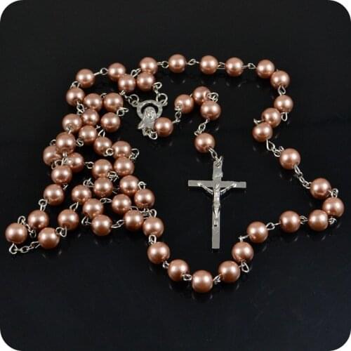 NEW Arrivals 8mm Glass Rosary Beads Necklace INRI Jesus Cross Pendant Necklaces Catholic Fashion Religious Jewelry