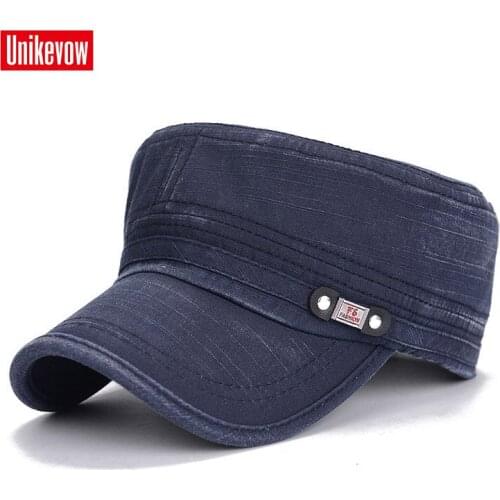 UNIKEVOW solid cotton Army Cap Washed Flat top Hat for men Military cap with fashion logo Sport breathable cap
