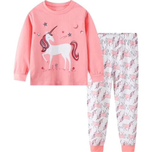 27kids Girls Suit Pajamas Long Sleeve Unicorn Pattern Spring and Autumn Set Cotton Baby Childrens Home Service Sleepwear