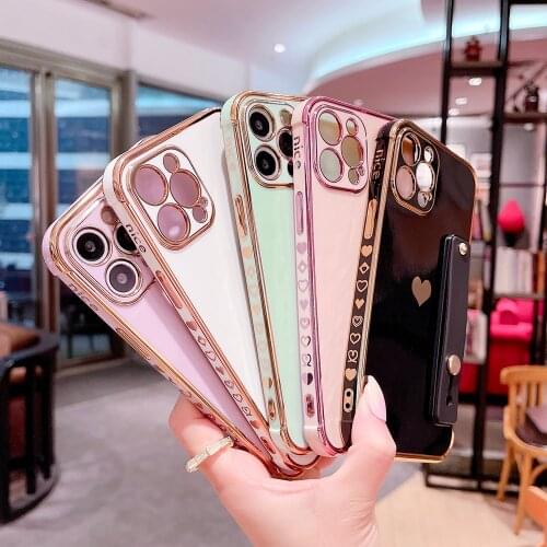 Plating Wristband Bracket Border Pattern Silicone Case for IPhone 12 11 Pro Max XR X XS Max 8 7 Plus Phone Cover Soft Coque Etui