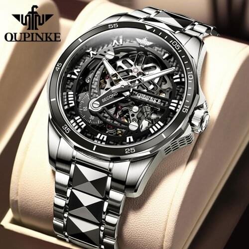 OUPINKE Luxury Mens Mechanical Wristwatch Sapphire Automatic Watch Men Classic Skeleton Stianless steel Waterproof 3178