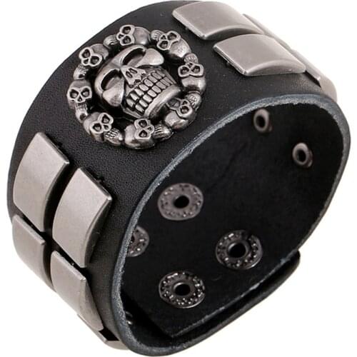 Wide Black Rock Wrap Alloy Rivets Punk Skeleton Charm Genuine Leather Men Bracelets & Bangles For Women Femme Wholesale Jewelry