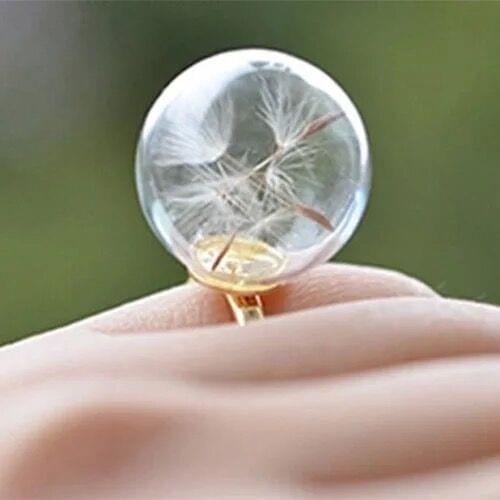 1x 16MM Glass Bubble Dandelion Seed Ring Glass Globe Bottle Rings Green moss rings for women Gift for her