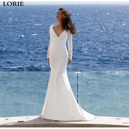 Lorie Mermaid Wedding Dresses Long Sleeve V Neck Beach Wedding Gowns Lace Backless Boho Bride Dress vestido de noiva