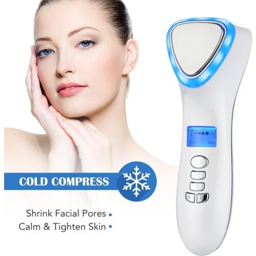 LED Hot Cold Face Skin Care Device Massager Hammer Ultrasonic Cryotherapy Facial Vibration Red Blue Light Ion Beauty Instrument
