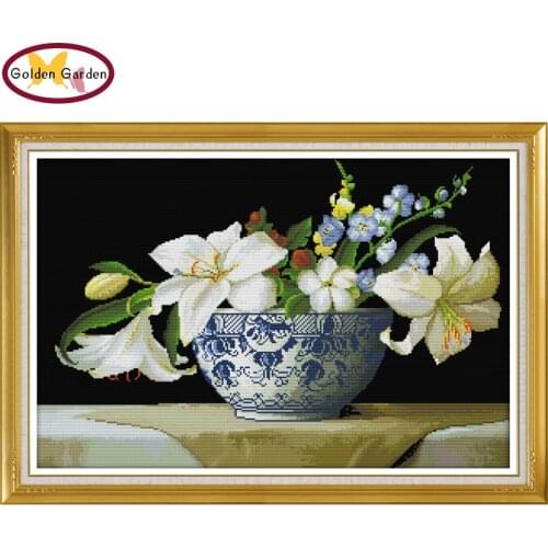 GG Perfume Lily Flower Cross Stitch Needlework Embroidery Sets Needle Craft Stamped Counted Cross Stitch Patterns for Home Decor