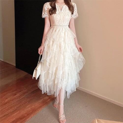 Embroidery High Waist Solid slim French Printing Spring holiday Lace Runway Party Chiffon Dresses Women Luxury Elegant A-Line
