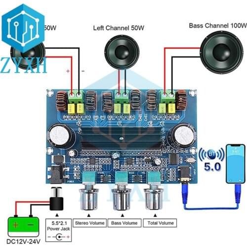 XH-A305 TPA3116D2 Bluetooth 5.0 Amplifier Board 50W*2+100W 2.1 Channel Stereo Audio AMP Class D Subwoofer AUX Volume Control