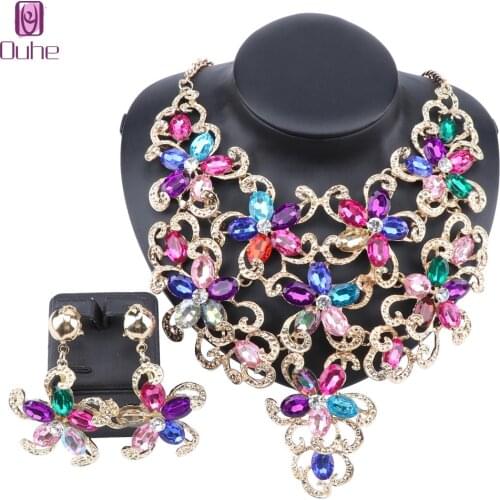 Women Accessories Wedding Bridal Gold Colorful Statement Crystal Flower Pendant Necklace Earring Party Jewelry Set