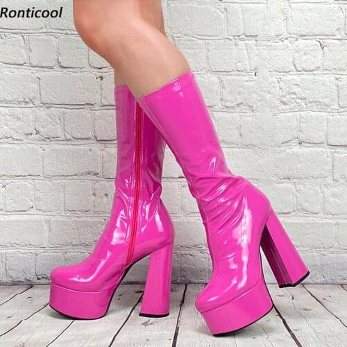 Ronticool Women Winter Mid Calf Boots Chunky Heels Round Toe Gorgeous Fuchsia Orange Yellow Night Club Shoes Plus US Size 5-15
