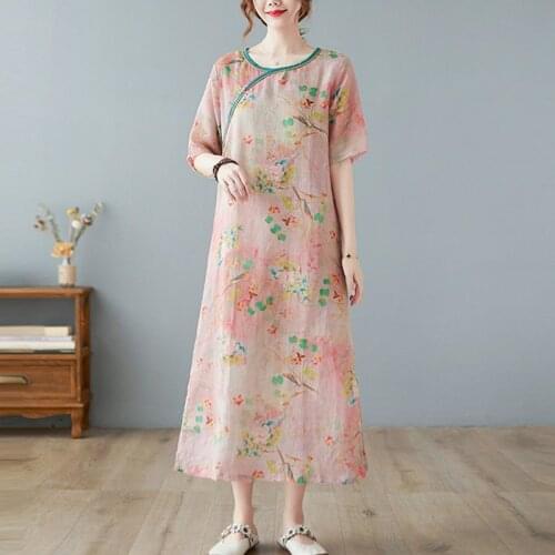 Women Cotton Linen Casual Dress New Arrival 2021 Summer Arts Style Vintage Floral Print Loose Ladies Elegant Long Dresses B676
