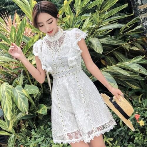 Sweet Flower Embroidery White Lace Dress Women High Waist Butterfly Sleeve Summer Dress Beach Ruffles Pearl Short Dress vestido