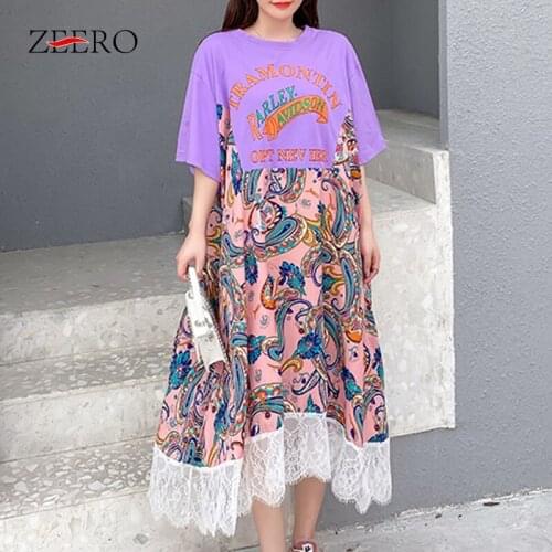 Female Korean Vintage Casual Print Splicing Lace Loose Dresses for Women Summer Midi A-Line Plus Size Dress Vestido De Mujer 3XL