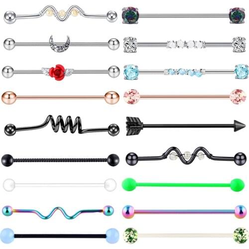 18-pack 1.6mm 14G Stainless Steel Industrial Barbell Earrings Body Piercing Jewelry 38mm Rod Length: 38mm/1.5inch