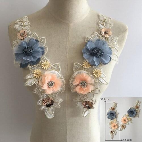 2pcs Embroidered Patches Flower Sequins Collar Appliqued Sew On Handmade Garment Dress Badge Decor Accessories