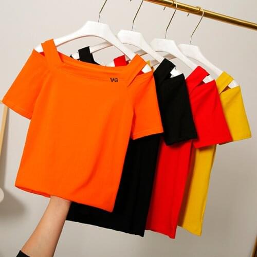 2021 Summer Cotton T Shirt Women Off Shoulder Solid Tee Shirt Female Short Sleeve Top Slash Neck T-shirt Harajuku Tees Ladies
