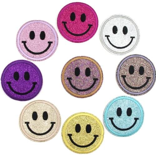 9Pcs/lot Smile Patches Multi-color Smile Face Embroidered Patches Iron on Patches Glitter Applique Round Badge For Clothes DIY