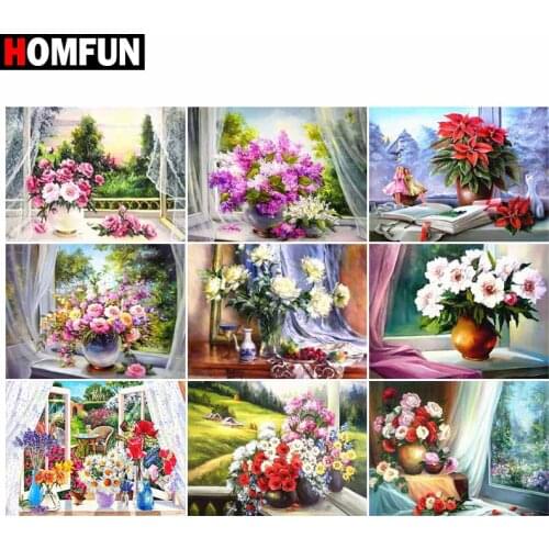 HOMFUN Diamond Painting Full Square/Round Diamond “Flower windowsill" Pattern Embroidery Cross Stitch 5D Rhinestone Painting