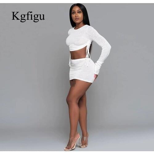 KGFIGU White Knitting Snug Long Sleeve Tees Elastic Waist A-Line Mini Skirts Two Piece Sets Women Sexy Ruched Bandage Crop Tops